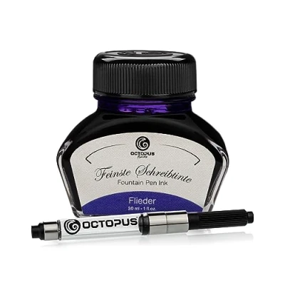 Abbildung von Octopus Fluids Füllhaltertinte im Tintenglas inklusive Konverter, Schreibtinte für Füllhalter, Füllertinte in Flieder 30ml mit Tintenkonverter