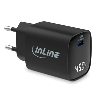 Abbildung von InLine USB Ladegerät, 1 Port, digitales Display mit aktuellem Energieverbrauch, 1x C, GaN, 45W, Schnellladegerät, PD3.0, Netzteil für iPhone/Pro/Mini, Samsung und mehr, schwarz, 31551