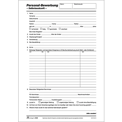 Abbildung von RNKVERLAG 2930 Personal Bewerbung/Selbstauskunft, 2 Seiten, DIN A4, 10 Stück