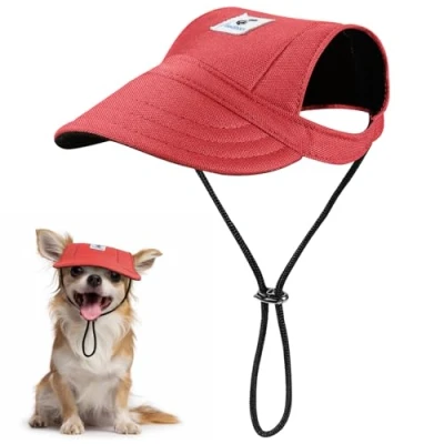 Abbildung von Pawaboo Hunde Baseballmütze, Outdoor Haustier Sport Sonnenschutz Verstellbare Reise Sportmütze Visor Sonnenhut Outfit mit Ohrlöchern für Kleine Welpen, S, Rot