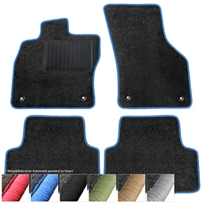 Abbildung von moto MOLTICO Fußmatten Auto Velours Autoteppiche Schwarz Automatten Set 4 teilig passend für Renault Twingo III Smart Forfour ab 2014 (Blaue Ziernähte)