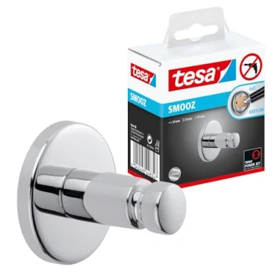 Abbildung von tesa Handtuchhaken SMOOZ ohne Bohren 3,7 cm : cm, Badezimmer, Gäste WC, Wandmontage, (Packung, 1 St., inkl. Klebelösung), selbstklebende Handtuchhalterung chrom silber glänzend