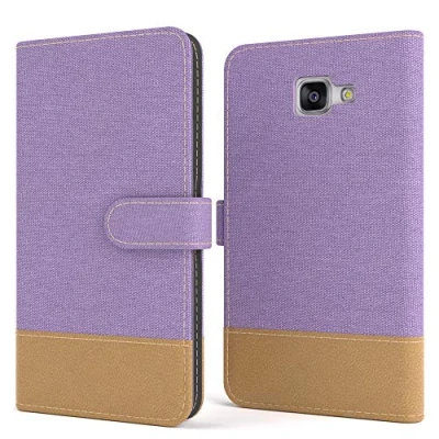 Abbildung von EAZY CASE Tasche kompatibel mit Samsung Galaxy A5 (2016) Stoff Schutzhülle Standfunktion Klapphülle Bookstyle, Handytasche Handyhülle Magnetverschluss und Kartenfach, Kunstleder, Lila