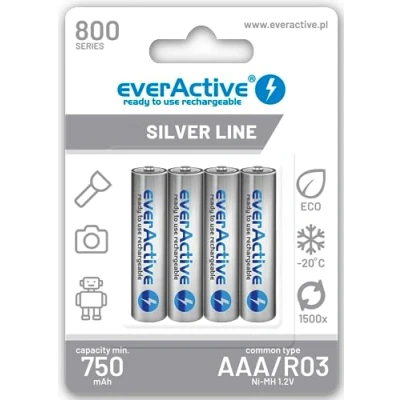 Abbildung von everActive Akku AAA 800 mAh 2 Stück, NI MH, Micro R03, wiederaufladbare Batterien, vorgeladen, Silver Line 1.2V, 1 Blisterkarte