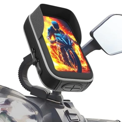 Abbildung von Roller handyhalterung Universelle unzerbrechliche Befestigung für Motorrad und Rollerspiegel wasserdichte Handytasche mit Blendschutzvisier kompatibel Smartphones bis zu 7,5&quot;