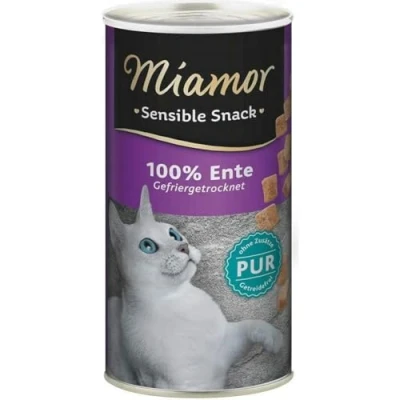 Abbildung von MIAMOR Sensible Snack aus 100% Hühnerbrustfilet zum Verwöhnen ernährungssensibler Katzen. Ergänzungsfutter im in praktischer Dose ohne jegliche Zusätze 12x30g Ente