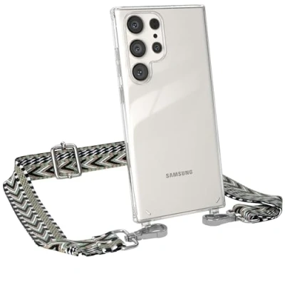 Abbildung von EAZY CASE Handykette Verstellbarer Handyriemen kompatibel mit Samsung Galaxy S23 Ultra, Kette für Phone, dünner Riemen, Taschengurt Hülle, DIY Handyband, Grün/Schwarz Carabiner Silber