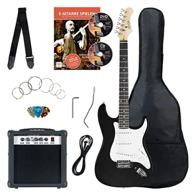 Abbildung von Rocktile Banger&#039;s Pack Komplettset E Gitarre Schwarz (Verstärker, Tremolo, Tasche, Kabel, Gurt, Plecs, Ersatzsaiten und Schule mit CD/DVD)