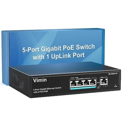 Abbildung von VIMIN 4 Port Gigabit PoE Switch mit 1 Uplink Port, 5 Unmanaged Ethernet 72W Leistung, Unterstützung von IEEE802.3af/at, VLAN, Desktop oder Wandmontage, Plug &amp; Play