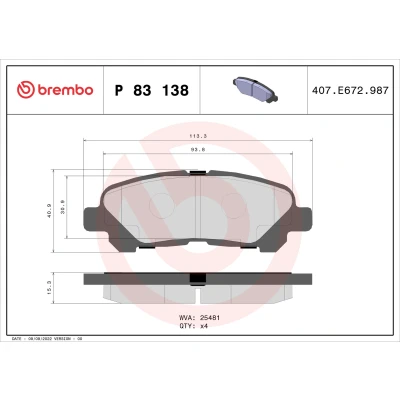 Abbildung von BREMBO P 83 138 Bremsbelagsatz exkl. Verschleißwarnkontakt ohne Zubehör TOYOTA: Highlander II