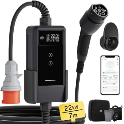 Abbildung von dé Mobile Wallbox/Ladestation 22kW mit App [3 phasig7m6 32A] stromzähler, Ladekabel CEE 32A auf Typ 2 und EV Ladegerät für Model Y/3, ID.3/4/5, MG4, EX30, e up, tron, Zoe andere EV/PHEV