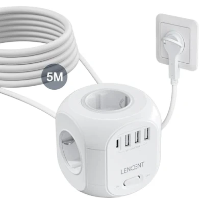 Abbildung von LENCENT 4 Fach Steckdosenleiste Flachstecker Steckdosenwürfel Mehrfachsteckdosen 8 in 1 Cube Steckdose Steckerleiste mit 3 USB, Typ C, Mehrfachstecker 5 Meter Kabel für Wandsteckdose
