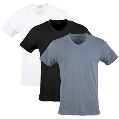 Abbildung von Gildan Herren Baumwoll Stretch T Shirts, Multipack Unterwäsche, Weiß/Schwarz Ruß/Grau Flanell (V Ausschnitt 3er Pack), Mittel