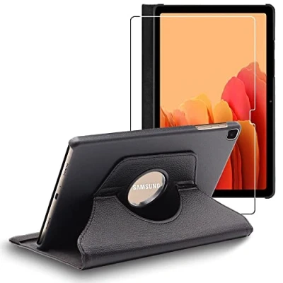 Abbildung von ebestStar Hülle für Samsung Galaxy Tab A7 10.4 T505 (2022, 2020), Drehbar Schutzhülle, PU Lederhülle, Rotierende Ständer Etui, Rotating Case Cover, Schwarz + Panzer Schutz Glas