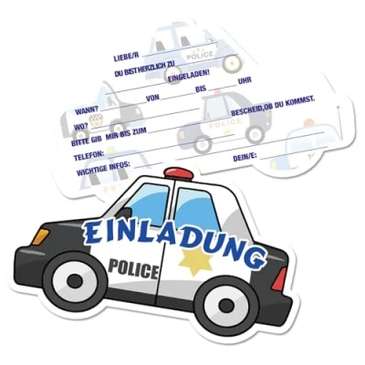 Abbildung von Werfunee 12er Einladungskarten Kindergeburtstag Junge 13 x 8 cm Polizeiauto Geburtstag Einladung Geburtstagseinladungen