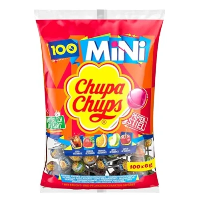 Abbildung von Chupa Chups Mini Classic Lutscher Beutel, enthält 100 Lollis in den 5 Geschmacksrichtungen Cola, Orange, Erdbeere, Apfel &amp; Kirsche, für Halloween, x 6g