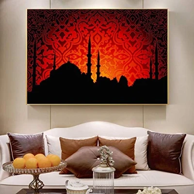 Abbildung von DIY 5D Diamant Malerei Kit Diamantkunst,Allah muslimische islamische Moschee Hintergrundkarte Leinwand Kunst Gemälde Ramadan dekorative Poster und drucken Wandkunst Bilder