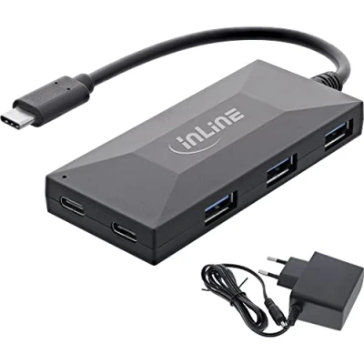 Abbildung von InLine® USB 3.2 Gen 1 OTG Hub, Typ C zu 3 Port A und 2 C, mit 3A Netzteil, schwarz