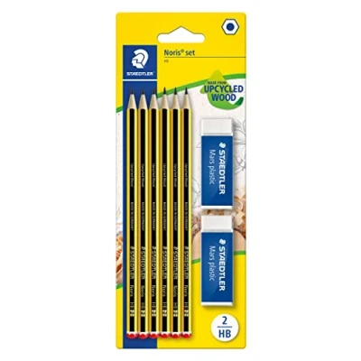 Abbildung von STAEDTLER Bleistifte Set Noris 120, Made from Upcycled Wood, Härtegrad HB, 6 x und 2 Mars Plastic Radierer, hohe Qualität in Germany, 120 R BK6D