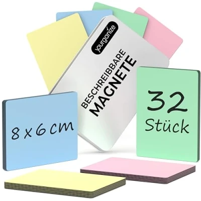 Abbildung von YOURGANIZE® 32 beschreibbare Magnete 8 x 6 cm (Größe L), 4 Farben Whiteboard wiederbeschreibbare für Kühlschrank, Whiteboard, Scrum &amp; Kanban Board