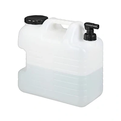 Abbildung von Relaxdays Wasserkanister mit Hahn, 20 Liter, Kunststoff bpa frei, Weithals Deckel, Griff, Camping Kanister, weiß/schwarz