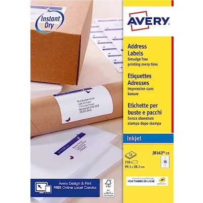 Abbildung von Avery J8163 15 Stück 210 Etiketten für Tintenstrahldrucker, 99,1 x 38,1 mm, weiß