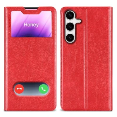 Abbildung von Cadorabo Hülle kompatibel mit Samsung Galaxy S24 Sichtfenster aus Kunst Leder Flip Klappbare Stoßfeste Magnetische [Standfunktion] [Kartenfächern] Case für Tasche in Rot