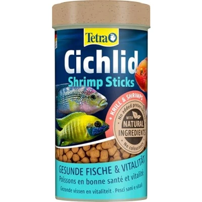 Abbildung von Tetra Cichlid Shrimp Sticks ausgewogenes und vollwertiges Fischfutter für alle fleischfressenden Cichliden, mit hohem Shrimpanteil, 250 ml Dose