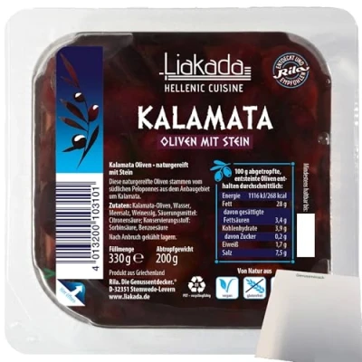 Abbildung von usy Bundle für Liakada Kalamata Oliven mit Stein (200g Packung) + Block