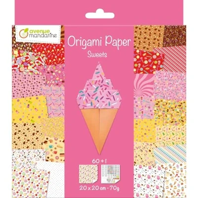 Abbildung von Avenue Mandarine OR522C Origami Blätter, 20 x cm, 70 g (30 Motive 2 Blatt) und ein Stickerbogen inklusive Papier Bonbon