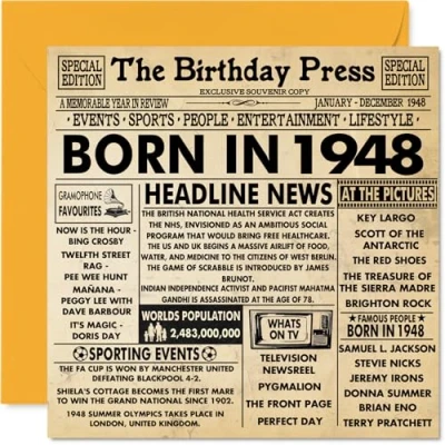 Abbildung von Geburtstagskarte zum 76. Geburtstag für Männer und Frauen Born in 1948 Zeitung Happy 76 Großvater, Oma, Vintage, Retro, Back 1948, 145 mm x mm, Grußkarten
