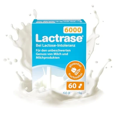 Abbildung von pro natura Lactrase 6000 60 Lactase Kapseln bei Lactose Intoleranz, für den unbeschwerten Genuss von Milch und Milchprodukten