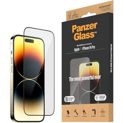 Abbildung von PanzerGlass™ Clear Glass Displayschutz für iPhone 14 Pro Screen Protector aus tempered Glas mit vollständigem Bildschirmschutz und Anti Fingerprint Beschichtung Positionierhilfe