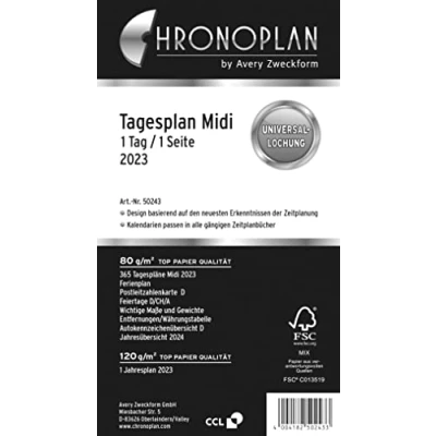 Abbildung von Chronoplan 50243 Kalendereinlage 2023, Tagesplan im Midi Format (96x172 mm), Ersatzkalendarium, ideal für detaillierte Tagesplanung, Multilochung (1 Tag auf 1 Seite), weiß