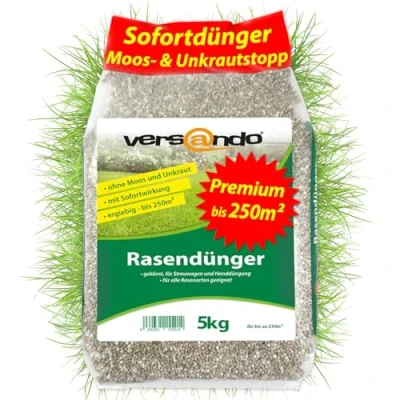 Abbildung von versando 5kg Rasendünger Frühjahr bis 250m²: verdrängt Moos und Unkraut für gesunden sattgrünen Rasen Frühjahrsdünger mit Langzeitwirkung Premium Qualität