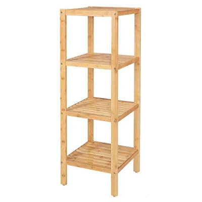 Abbildung von dibea Badezimmerregal mit 4 Ablageflächen Wohnzimmerregal Standregal Bambusregal Badregal Bücherregal Eckregal Küchenregal 33x33x98 cm, naturfarben