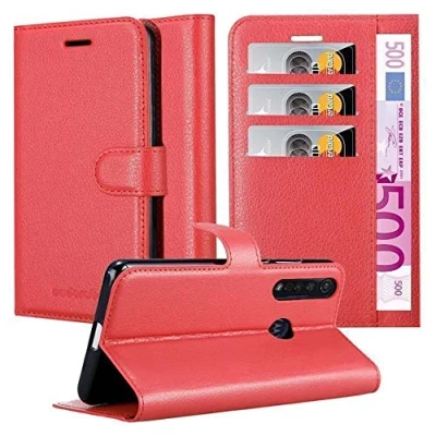 Abbildung von Cadorabo Hülle kompatibel mit Motorola Moto G8 Plus Handyhülle aus Kunst Leder Flip Klappbare Stoßfeste Magnetische [Standfunktion] [Kartenfächern] Cover für Tasche in Rot