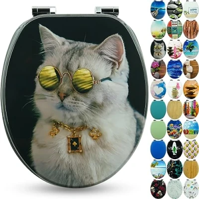 Abbildung von SANFINO® Premium WC Sitz mit Absenkautomatik hochwertige Toilettendeckel aus Holz, viele bunte Motive, hoher Sitzkomfort, einfache Montage inklusive Montageanleitung &quot;Boss Cat&quot;