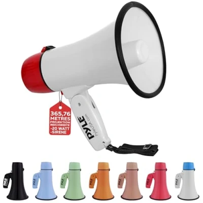 Abbildung von Pyle Megaphon mit Sirene &amp; Mikrofon, Signalhorn 20 Watt Lautsprecher, Schultergurt, Aufnahmefunktion Aux Anschluss, Mini Megafon Kinder Erwachsene, Robustes Tröte Faltbar für Indoor Outdoor