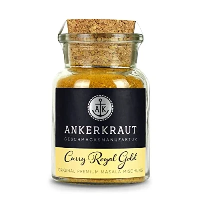 Abbildung von Ankerkraut Curry Royal Gold, frisch fruchtiges Pulver passend zu Fleisch Fisch &amp; Gemüse, lecker schmecker einfach Kochen, 80 g im Korkenglas