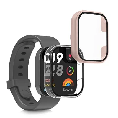 Abbildung von kwmobile 2X Cover kompatibel mit Xiaomi Redmi Mi Watch Lite 3 / Hülle Fullbody Fitnesstracker Case Set aus Glas Transparent Altrosa