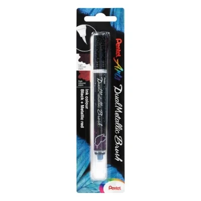 Abbildung von Pentel XGFH DAX Dual Metallic Brush Pinselstift, changierender Glitzertinte, schwarz/metallic rot, 1 Stück auf Blister