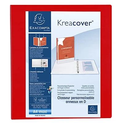 Abbildung von Exacompta 51844RE Präsentationsringbuch KreaCover aus blickdichtem Kunststoff für DIN A4, 4 D Ring Mechanik 50 mm, Rücken 75 rot ideal Schule und Büro Ringhefter Ringordner Ringbuchordner