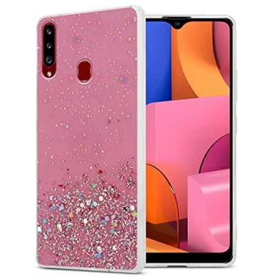 Abbildung von Cadorabo Hülle kompatibel mit Samsung Galaxy A20s Rundumschutz TPU Silikon Case Mädchen Glitzer Strass Design Slim Kratzfest Weiche Gummi Bling Schutzhülle für in Rosa