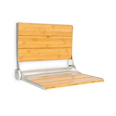 Abbildung von Oneconcept Arielle Duschsitz Klappsitz mit Bambus Sitzfläche, Aufhängung aus Aluminiumlegierung, max. Gewicht: 160 kg, inkl. Montagematerial, Typ: Deluxe, braun