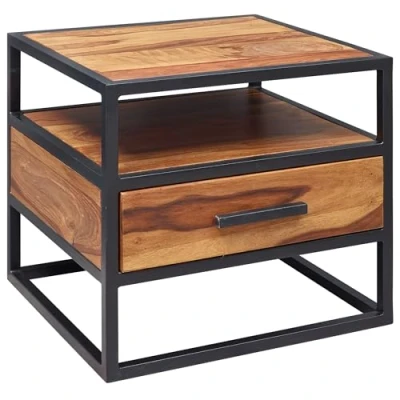 Abbildung von FineBuy Nachtkonsole Sheesham Holz 50x45x45 cm Metall schwarz Nachttisch, Nachtkästchen mit Schublade, Nachtkommode Bett, Nachtschrank Nachtkasten braun