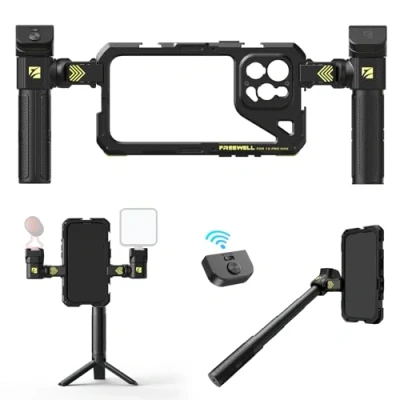 Abbildung von Freewell Multifunktions Smartphone Tool Free Genius Rig Cage Schnellinstallation, Stativ und Einbeinstativ Griffe, Bluetooth Fernbedienung für iPhone 15 Pro Max