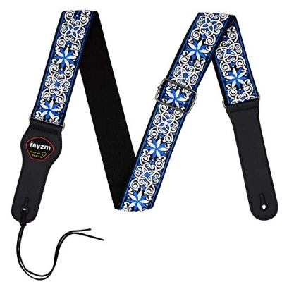 Abbildung von Rayzm Bestickter Gitarrengurt, Gewebter Baumwollgurt mit Jacquard Muster für Akustische und Elektrische Gitarren Bässe, Plektrumhalter, 5cm Breiter Metallbügel, Regulierbare Länge