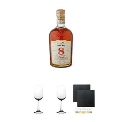 Abbildung von Brandy Suau 8 Jahre 0,7 Liter + 2 Bugatti Nosing Gläser mit Eichstrich 2cl und 4cl Schiefer Glasuntersetzer eckig ca. 9,5 cm Ø