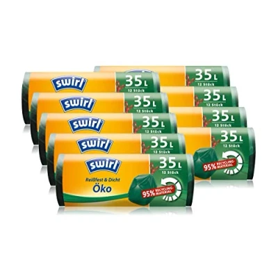 Abbildung von Swirl Öko Müllbeutel mit Zugband, 35 Liter, 9 Rollen je 12 Beuteln, Dunkelgrün